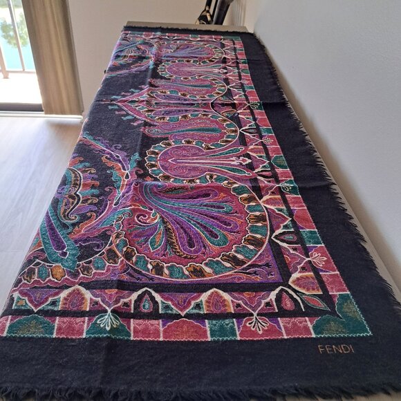 FENDI Luxurious Rare VTG Logo Wool Shawl India Pattern Scarf Large Square 53in - Picture 5 of 11